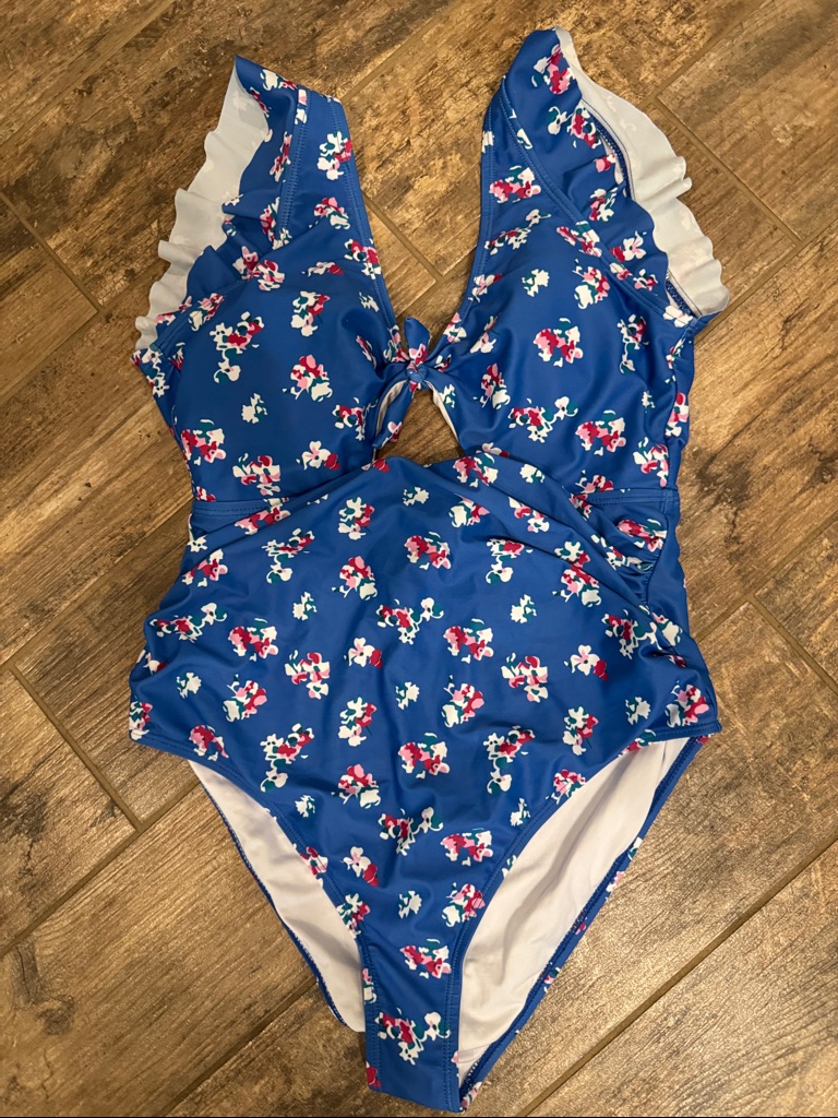 Blue Floral One-Piece Swimsuit With Ruffle Straps